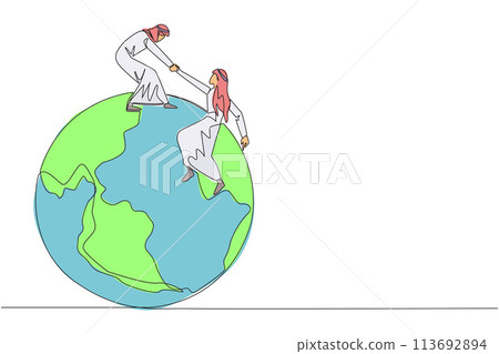 Single one line drawing Arabian businessman helps colleague climb big globe. Metaphor of reaching top of the world through increasing business. Teamwork. Continuous line design graphic illustration 113692894