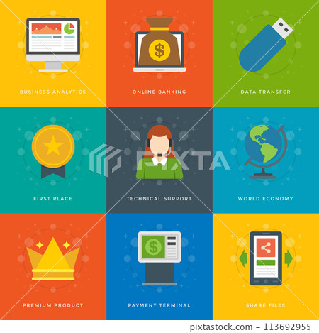 Flat design icons symbols for website and promotion banners. Flat design icons symbols for website and promotion banners. 113692955