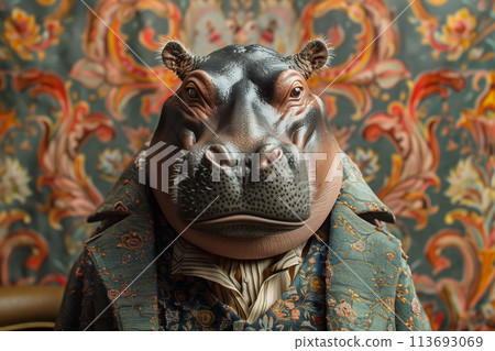 Portrait of a hippopotamus in stylish vintage clothes in a retro interior 113693069