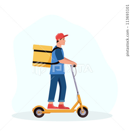 Courier with a bag for delivering food on an electric scooter. Vector illustration, the concept of a delivery service. Courier with a bag for delivering food on an electric scooter. Vector illustration, the concept of a delivery service. 113693101