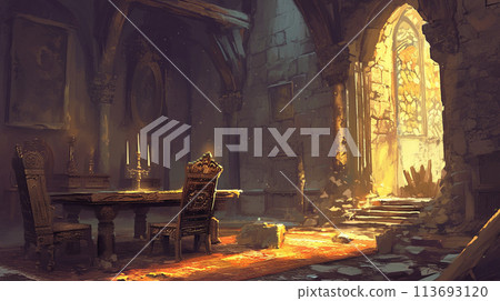 A small room in the ruins of a collapsed building 113693120