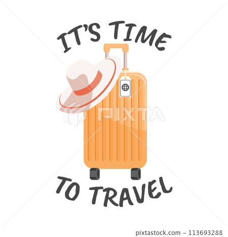 Time to travel calligraphy with travel suitcase and summer hat. Vacation and travel concept. Illustration. Vector 113693288