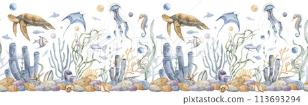 Underwater seamless banner with sea animals and fish on isolated background. Hand drawn watercolor illustration with tropical marine flora. Undersea pattern with seabed, corals, reefs and seaweeds. 113693294