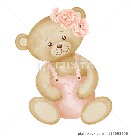Teddy Bear watercolor illustration. Hand drawn sketch of little cute animal in pastel brown and pink colors with flowers for Baby shower invitations or happy birthday greeting cards. Drawing for girl. Teddy Bear watercolor illustration. Hand drawn sketch of little cute animal in pastel brown and pink colors with flowers for Baby shower invitations or happy birthday greeting cards. Drawing for girl. 113693296
