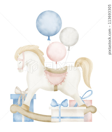 Rocking Horse watercolor illustration in pastel pink and blue colors. Hand drawn Toy with balloons and gift boxes for greeting cards or birthday invitations. Childish drawing for kids celebration. 113693305