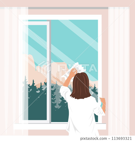 Woman is cleaning a window glass with rag and cleanser spray at home. Spring domestic work. Vector isolated illustration 113693321