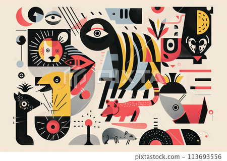 A serene collection of forest animals with geometric elements 113693556