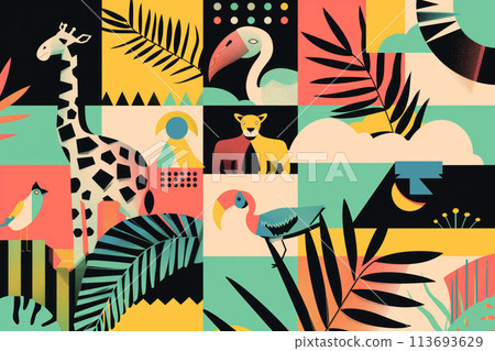 A serene collection of forest animals with geometric elements 113693629