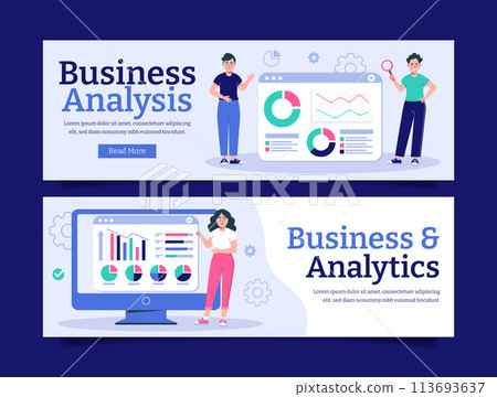 Hand drawn business analysis horizontal banner template collection with characters and graphics 113693637