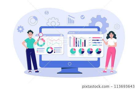 Hand drawn business analysis background with characters and graphics 113693643