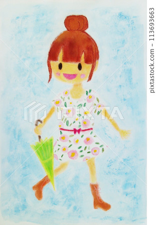 Pastel illustration of a girl holding an umbrella Pastel illustration of a girl holding an umbrella 113693663
