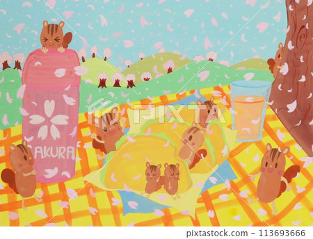 An illustration of many snow lilies enjoying cherry blossom viewing 113693666