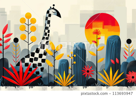 Geometrically patterned animal portraits in bright colors Geometrically patterned animal portraits in bright colors 113693947
