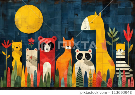 Geometrically patterned animal portraits in bright colors Geometrically patterned animal portraits in bright colors 113693948