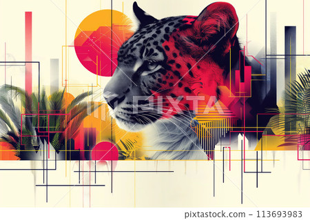 Geometrically patterned animal portraits in bright colors 113693983