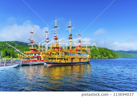 Lake Ashi in summer: Hakone sightseeing boats moored at Hakone-machi port [Hakone-machi, Kanagawa Prefecture] 113694037
