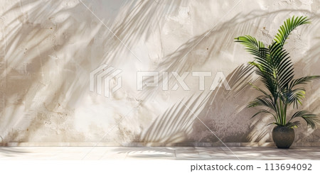 Palm leaves casting shadows on a textured beige wall 113694092