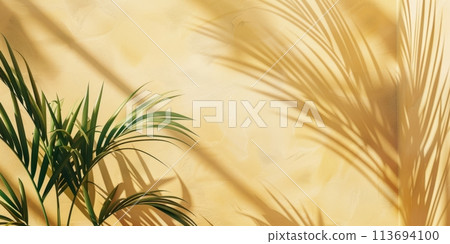 Palm leaves casting shadows on a textured yellow wall Palm leaves casting shadows on a textured yellow wall 113694100