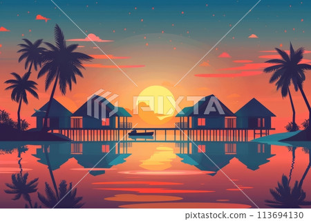 Tropical beach illustration with overwater bungalows 113694130