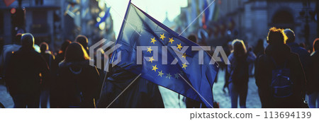 people marching and european flag, generative AI 113694139