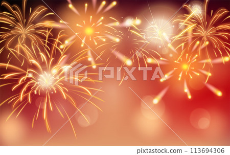 Realistic shiny golden fireworks on blurred background to celebrate a festive day 113694306