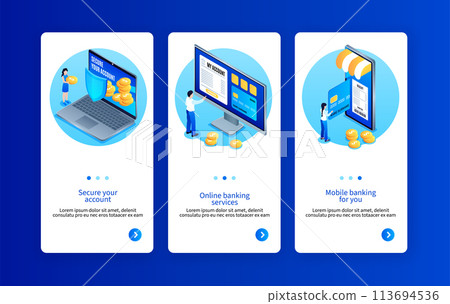 Isometric mobile banking services app design template collection with people using online banking on big devices 113694536