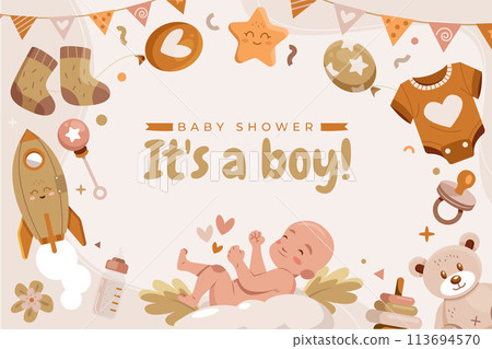 Hand drawn flat baby shower background for a boy with a baby and toys Hand drawn flat baby shower background for a boy with a baby and toys 113694570