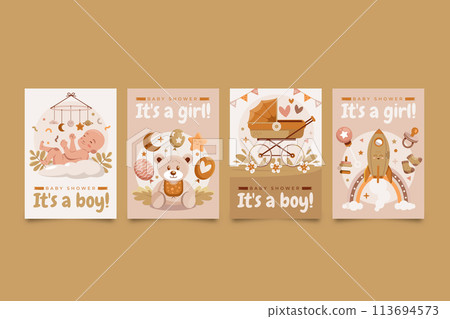 Hand drawn flat baby shower cards collection with a baby and toys Hand drawn flat baby shower cards collection with a baby and toys 113694573