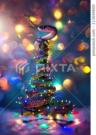Mesmerizing Serpent Wrapped in Twinkling Lights Against a Bokeh Background 113694600