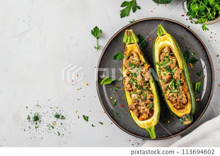 Savory stuffed zucchini boats on a dark plate with fresh parsley garnish 113694602
