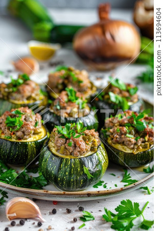 Colorful and appetizing stuffed zucchini rounds on a ceramic plate 113694604