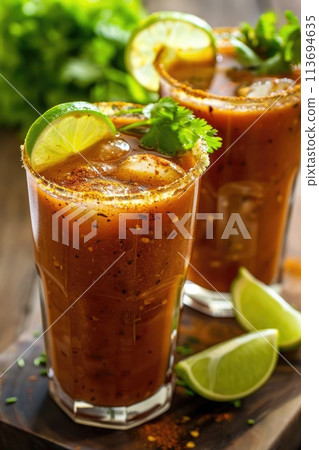 A richly garnished spicy Michelada cocktail with a salted rim 113694635