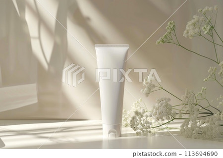 Elegant Cosmetic Tube on Minimalist Pedestal with Natural Elements 113694690