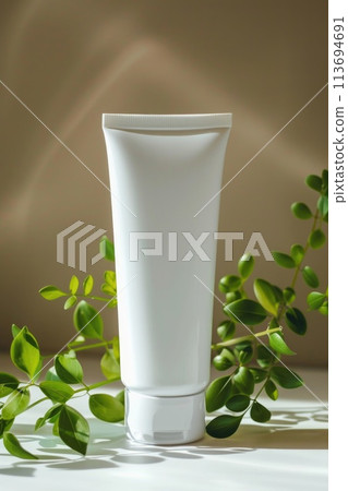 Eco-Friendly Cosmetic Cream Tube with Green Plant Leaves Shadow Play 113694691