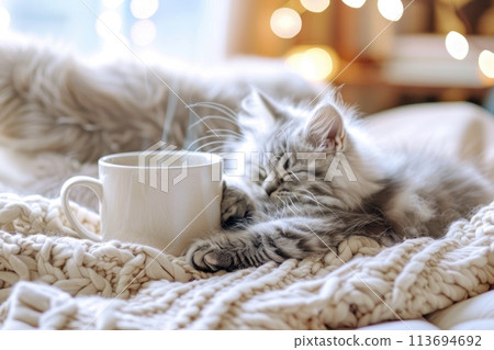 Cozy Kitten Slumbering Peacefully Beside Warm Coffee Mug 113694692