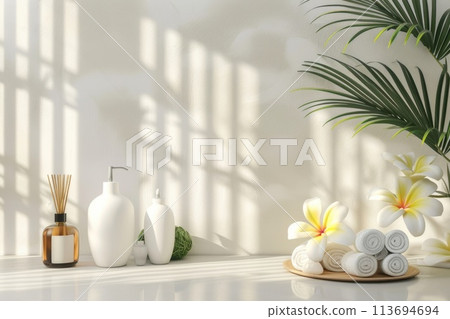 A sunlit bathroom counter displays an array of white bath essentials 113694694