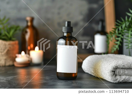 Amber Glass Bottle with Blank Label on Natural Background 113694710
