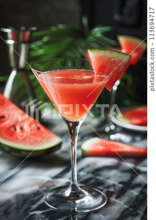 A refreshing watermelon cooler garnished with a juicy slice A refreshing watermelon cooler garnished with a juicy slice 113694717