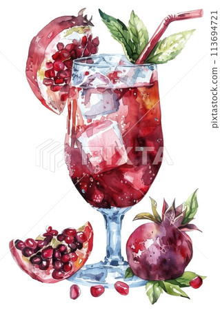 A watercolor artwork of iced tea garnished with pomegranate A watercolor artwork of iced tea garnished with pomegranate 113694721