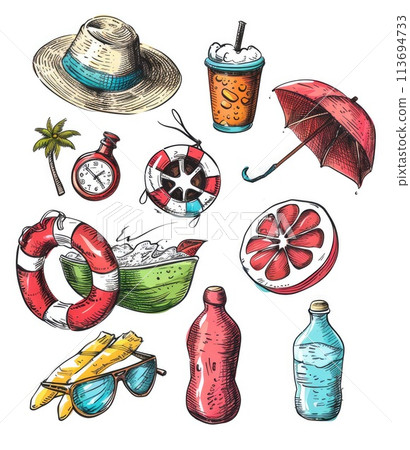 Vibrant Summer Vibes: Watercolor Elements with Tropical Fruits and Beach Accessories 113694733