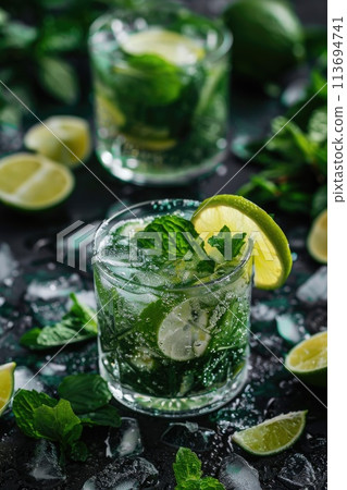 A refreshing mojito cocktail with crushed ice, garnished with abundant mint leaves 113694741