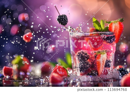 Refreshing Summer Berries Splashing in Water Glass Against Dark Background 113694768