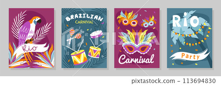 Hand drawn flat brazilian carnival cards collection with party and tropical elements Hand drawn flat brazilian carnival cards collection with party and tropical elements 113694830