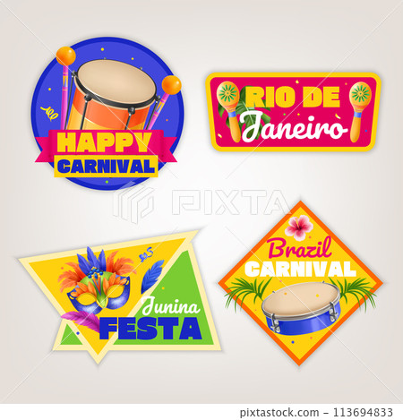 Realistic brazilian carnival labels set with confetti and musical instrument Realistic brazilian carnival labels set with confetti and musical instrument 113694833