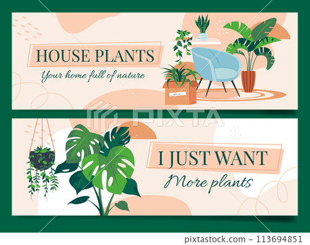 Hand drawn flat house plants horizontal banner template collection with decorative indoor plants at home 113694851