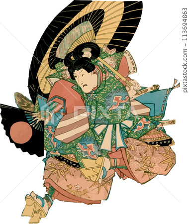Ushiwakamaru flies swiftly with a snake-eye umbrella and a folding fan 113694863