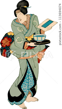 Woman holding a ramen bowl and a menu 113694874