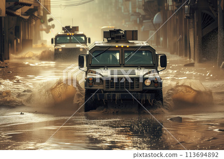 During flood, column of military vehicles navigates flooded avenues to provide assistance to victims AI Generative 113694892