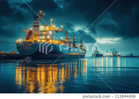 It is peaceful to watch cargo container ship unloading at sea harbor in calm waters at night AI Generative 113694896