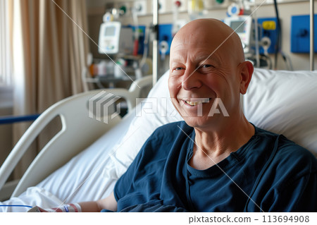 An elderly bald man is smiling while undergoing treatment for cancer in hospital bed AI Generative An elderly bald man is smiling while undergoing treatment for cancer in hospital bed AI Generative 113694908